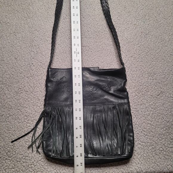Fossil Crossbody Shoulder Bag Black Leather Floral Embossed Fringe Boho Hippie - Picture 8 of 10